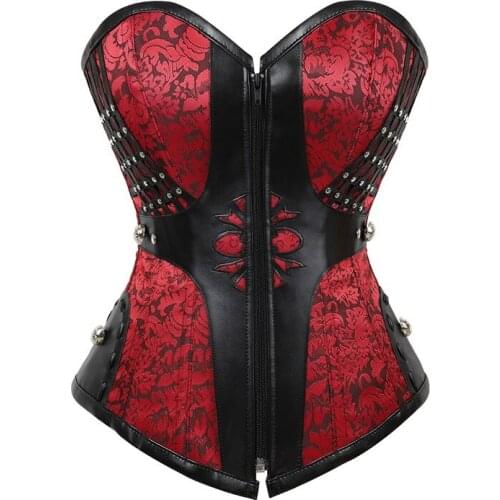 Gothic Corset Overbust Bustier Rivet Outfit Korse Sexy Red Women Korsett Jacquard Floral Corselet Femme Gorset Steel Boned Sexi