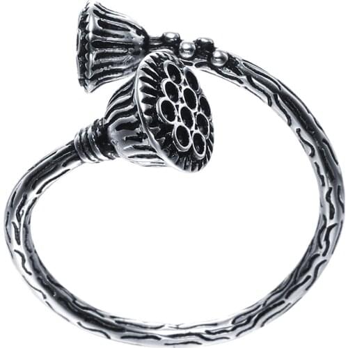 Hainon New Vintage Lotus Root Simulated Antique Silver Color Lotus Open Ring Original Inner Summer Design Jewelry for Women Men