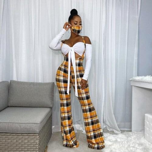 2 Pcs Women Sexy Outfits Adults Long Sleeve Tie Up Tube Top + Plaid/Stripe Wide Leg Jumpsuits For Daily Wear Dancing Rave