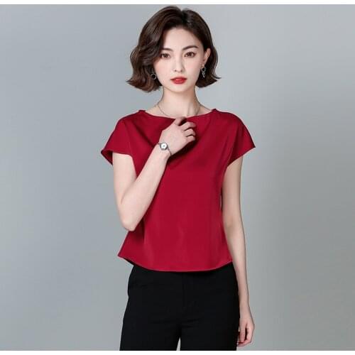 Summer womens satin silk shirt women blouses fashion solid color elastic short-sleeved ladies work tops female loose all-match