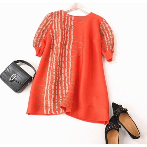 HOT SELLING Miyake Fashion fold Hot drilling geometric patch Lantern sleeve long T-shirt IN STOCK