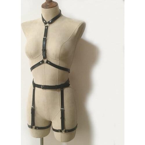2019 Fashion Punk Goth Lingerie leather material Neck around harness Belts Hot Suspenders leg garter belt 2pcs set