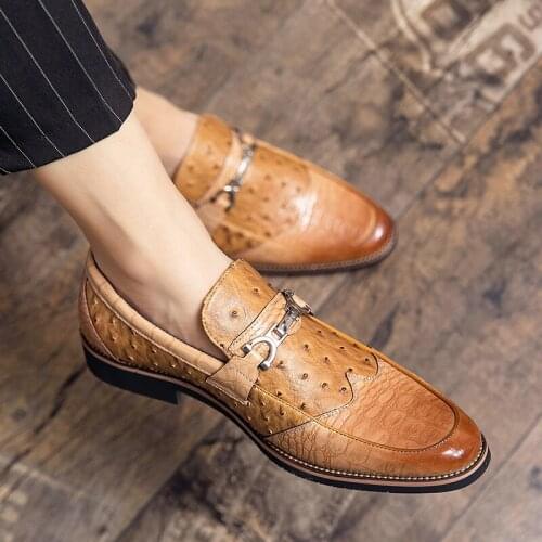 2021 High Quality Moccasin Spring Summer Mens Dress Shoes Faux Ostrich Leather Formal Shoe Slip-on Brown Brogues Plus Size 48
