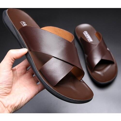 Mens Slippers 2021 Summer New Mens Leather Sandals Casual Beach Men Shoes