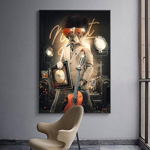 Canvas Wall Art Poster Animal Afro Musician Bulldog Pictures for Kids Room Home Decoration Art Canvas Painting