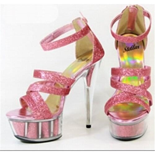 New style, beautiful transparent platform sequins upper heels, 15cm sexy model sandals, pole Sandals