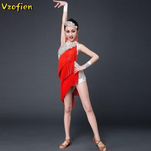 Girls' Latin Dance Dress Competition Dance Cha Cha Tango Costumes Child Kids Ballroom Rumba Modern Waltz Practice Fringed Dress