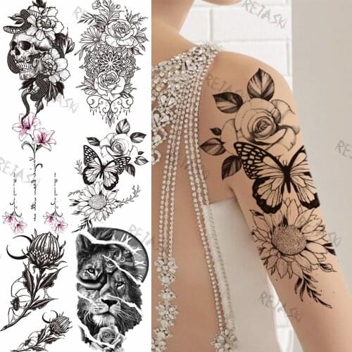 SunFlower Rose Butterfly Temporary Tattoos For Women Girl Pendant Lion Realistic Fake Tattoo Black Henna Arm Waterproof Tatoos