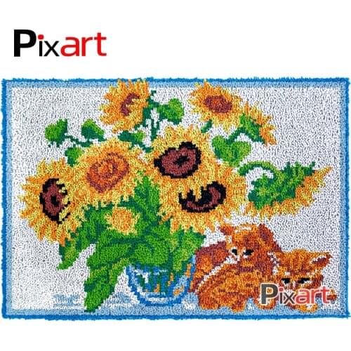 Latch Hook Rug Sunflowers Kitten Crocheting Tapestry Kits DIY Carpet Rug Chunky Yarn Needlework Knitted Floor Mat Hobby & Crafts