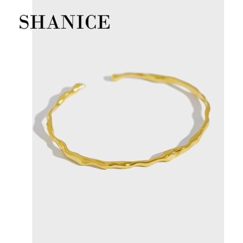 SHANICE 100% 925 Sterling Silver INS simple irregular concave smooth Bangle Bracelet Open Bangles Women Cuff Valentines Day