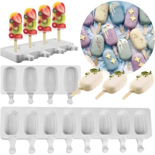 8/4 Holes Silicone Ice Cream Mould Ice Cube Tray Popsicle Barrel DIY Mold Dessert Ice Cream Mold with Popsicle Sticks