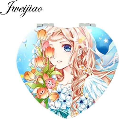 JWEIJIAO Cartoon Girls Flower Game Moive Photo Makeup Mirror Heart Shaped Folding Mini Pocket Hand Mirror 1X/2X Magnifying