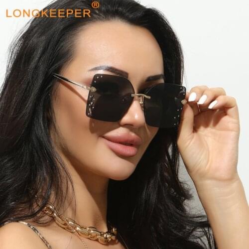 Vintage Fashion Oversized Rimless Sunglasses Women Crystal Diamond Decoration Glasses For Female 2021 Sun Goggles UV Protection