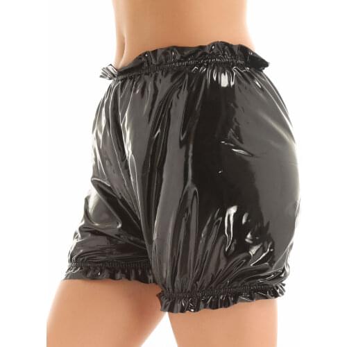 Sexy Women Latex Rubber Bloomers Lingerie Wet Look Patent Leather Hem Ruffled Elastic Waistband Boxer Briefs Underwear Panties