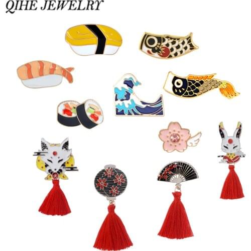 QIHE JEWELRY Japanese Style Pins Collection Sakura Nigiri Sushi Koi Ocean Wave Kitsune Brooches Asican Deco Travel Gifts