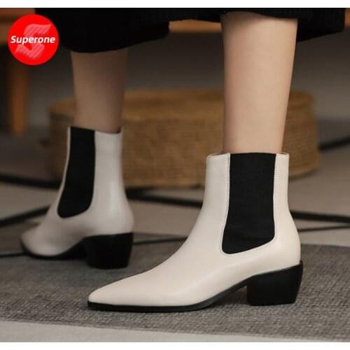 Superone New Fashion Ankle Boots Pointed Toe Thick Heel Slip On Shoes Stretch Winter Female Shoes Winter Outdoor Plus Size 32-46