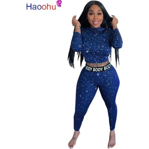 Casual Galaxy Letter Fitness Women Matching Sets Full Sleeve Workout Activewear Skinny Tops+pencil Legging Two Piece Slim Outfit