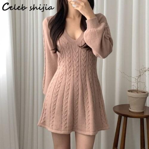 Pink Woman Knit Dress V-neck Lantern Sleeve Sweet Clothing Autumn Winter Sweater Dress Vestido Fall New Sexy Womans Dresses