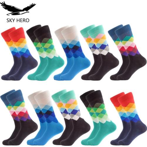 10 Pairs/Lot Mens Funny Colorful Combed Cotton Socks Red Argyle Dozen Pack Casual Happy Socks Dress Wedding Sock
