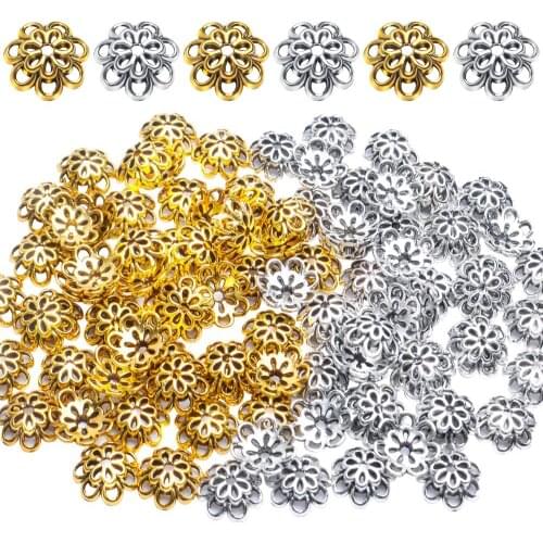 100pcs 10 mm Alloy Hollow Double Flower Bead Caps Loose Bead Spacer End Bead Caps for Bracelet, Antique Gold and Antique Silver