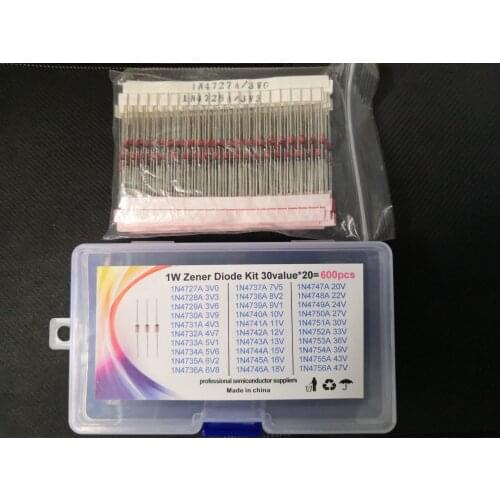 30Value*20pcs=600pcs 3v 3.3V 3.6V 3.9V 4.3V 4.7V 5.1V 5.6V 6.2V 6.8V 7.5V 8.2V 9.1V ....47V 1W Zener Diode kit 1N/IN4742A Assort