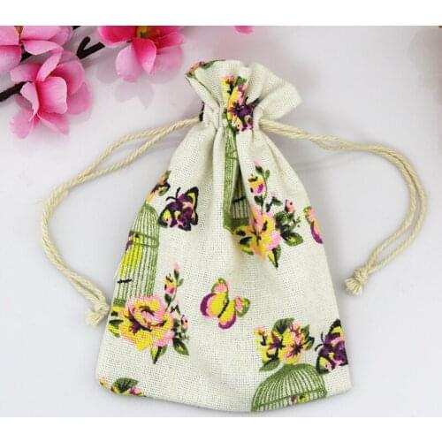 Factory sale 10X14cm 50pcs Drawstring Bags Linen Cotton Bags Wedding Party Candy Christmas Gift Bags Spring Butterfly Pattern