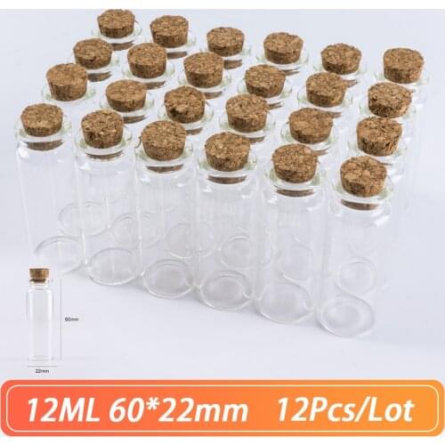 60*22mm 12ml Corks Glass Bottles Stopper Crafts Jars Cork Mini Transparent Empty DIY Small Glass Practical Vial Bottle 12pcs/Lot