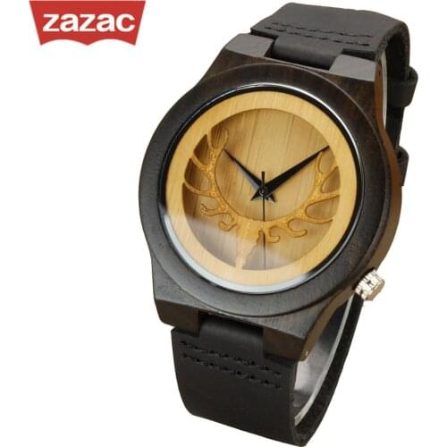2017 Promotion Hot Black Hollow Deer Mens Leather Quartz Wristwatch Relogio Masculino Bamboo Wooden Watches Dress For Unisex