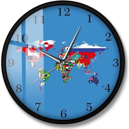 National Flags For Home or Office World Map Decorative Wall Clock Worlds Political Map Country Flag Art Hanging Clock Wall Watch