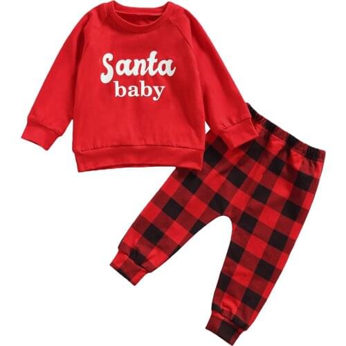 Infant Baby Boy Girl Autumn Clothes Sets Xmas Party Two-pieces Suits Letter Long Sleeve Pullover Tops+Plaids Trousers 0-3Years