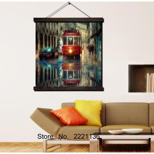 Red Bus In The Rain Picture HD Print Scroll Paintings Wall Art Printed Hanging Framed Canvas Painting Modern Home Decoration