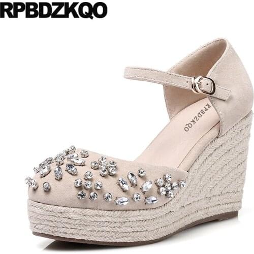 Crystal Platform Heels Flower Suede Rhinestone Genuine Leather Beige Size 4 34 Shoes Round Toe Wedge Women Pumps Ankle Strap