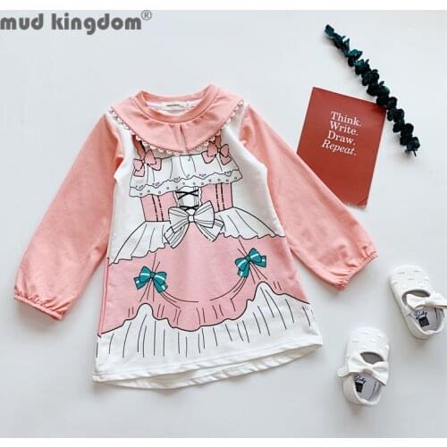 Mudkingdom Cute Girl Print Dress Peter Pan Collar Puff Sleeve Drop Shoulder A-line Princess Dresses Toddler Spring Autumn Clothe