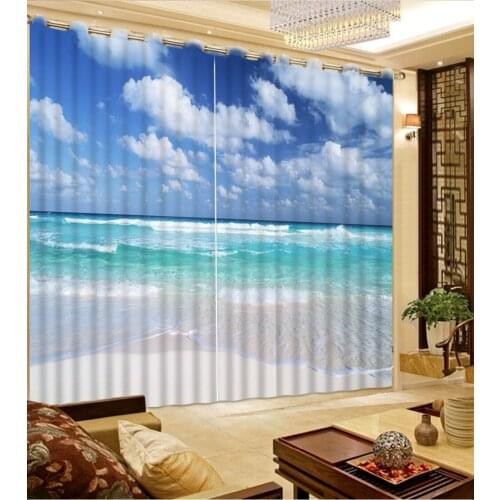 Fashion 3D Home Decor Beautiful Photo Customize size Blue Sky and white cloud beach window curtains for living room