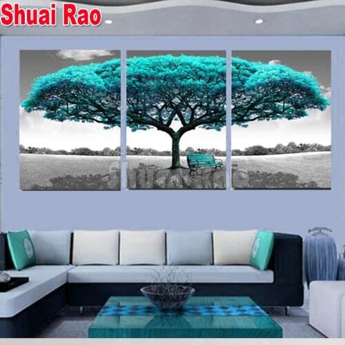3 Pieces Blue Big Tree Diamond Painting Triptych Diamond Embroidery Mosaic Set Chair Pictures Full Square/Round Drill