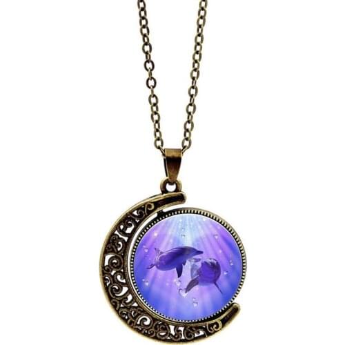 2019 New Moon Dome Double Side Rotation Pendant Necklace Cute Dolphin Pattern Necklace Women Men Jewelry Gift Accesories