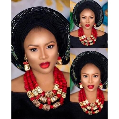 Superb Red and Gold Dubai Bridal Statement Necklace Set Natural Red Coral African Wedding Beads Jewelry Set for Women CNR884