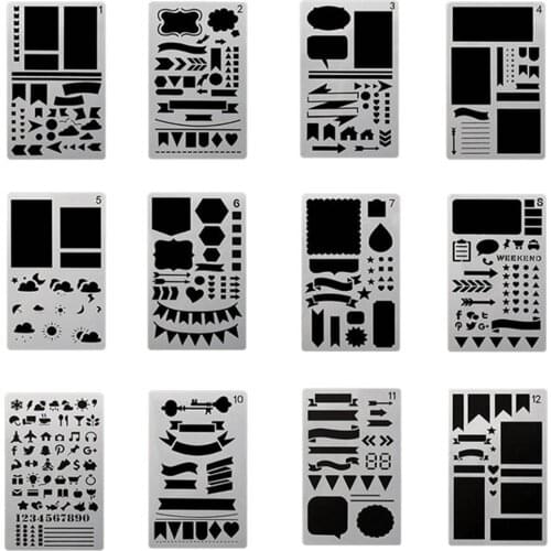 12Pcs DIY Cutout Painting Template For Drawing Hand Account Album Theme Lace Ruler Drawing Board Stencil Decoration Tools