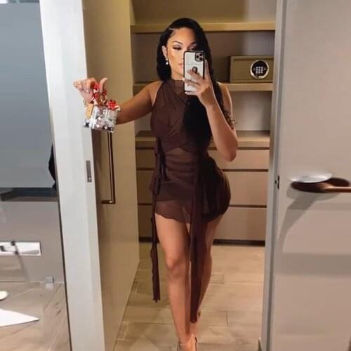 Silk ribbon mesh perspective party skirt Club mini skirt solid color sleeveless hollow sexy slim summer dress