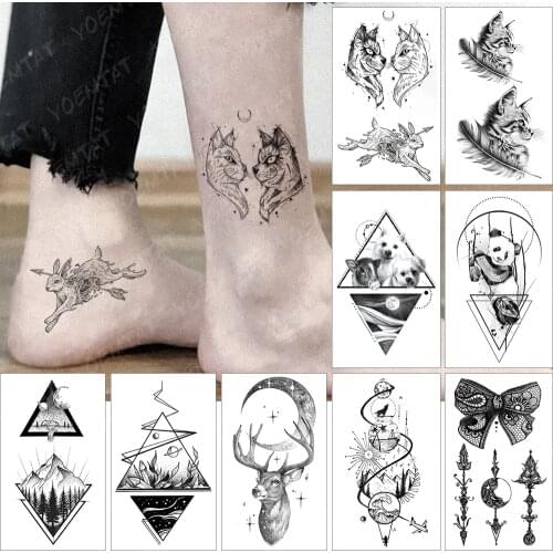 Waterproof Temporary Tattoo Sticker Small Wolf Fox Moon Rabbit Flash Tatoo Dog Mountain Wrist Fake Tatto For Body Art Women Men