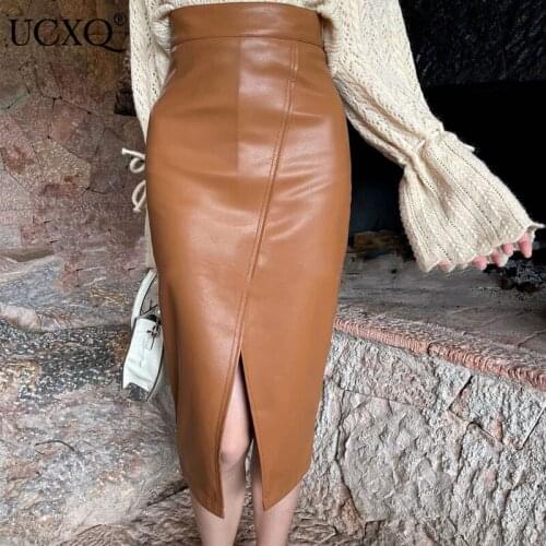 UCXQ Woman Leather Skirt Solid Split High Waist Pick Hip Wild Slim Mid Half Length Casual Style 2021 Autumn Fashion 23XM350