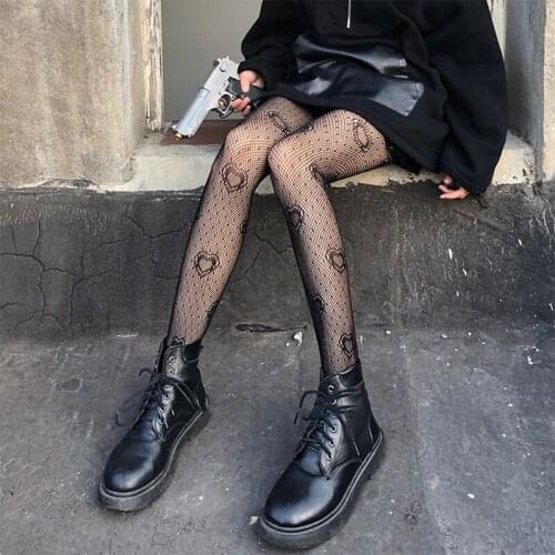 Women Black Heart Dot Jacquard Fishnet Pantyhose Gothic Punk Hollow Out Mesh See-Through Tights Stockings Lingerie