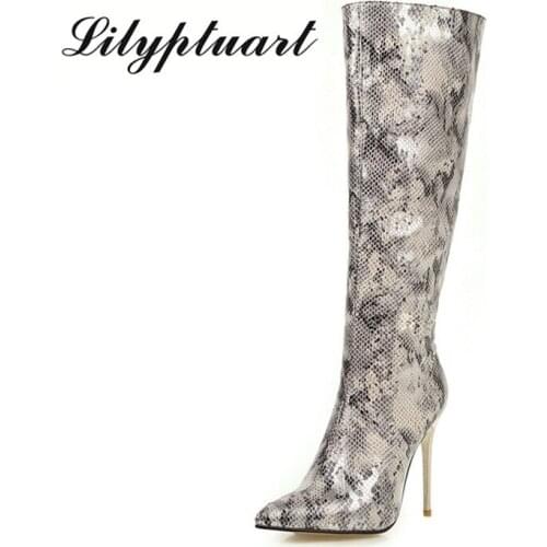 2019 winter new sexy stiletto super high heel boots pointed big size snake pattern high tube European and American womens boots
