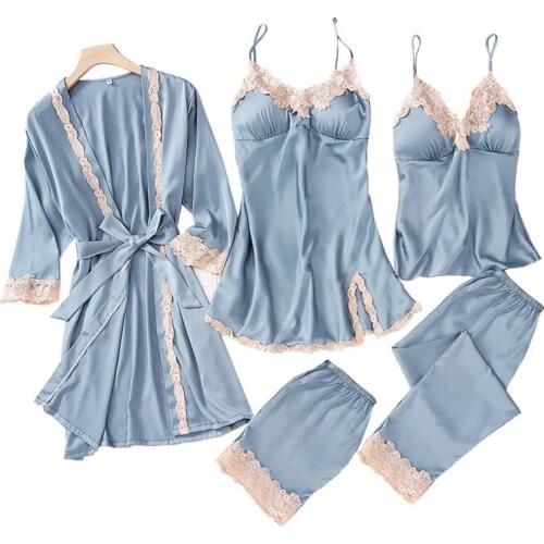 Sexy Spring Robe Kimono Sleepwear Sleep Sets Womens 5pcs Strap Top Pants Suit Casual Home Wear Pajamas Nightwear Bath Gown