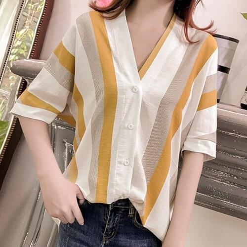 2018 New Design Women Spring Summer Style Chiffon Blouses Shirts Lady Casual Half Sleeve Striped V-Neck Blusas Tops DF1838