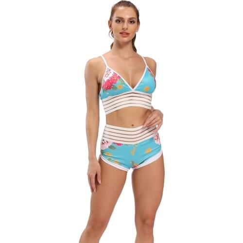 Women sport Yoga Set Workout Running Tops Gym Sportswear Fitness Digital Print pink flower Stretch shorts & Bra summer vest