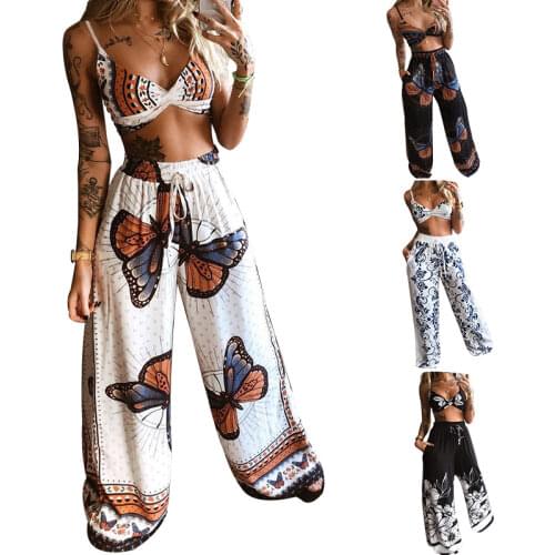 Two Piece Suits Summer Women Outfits Sports Boho Beach Bra Loose Wide Leg Pants Female Butterfly Print Yoga Sets Tracksuits