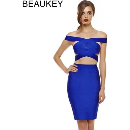 Royal Blue Rayon 2 Piece Knee Length Sexy Women Off The Shoulder 2016 Bodycon Celebrity Bandage Dress