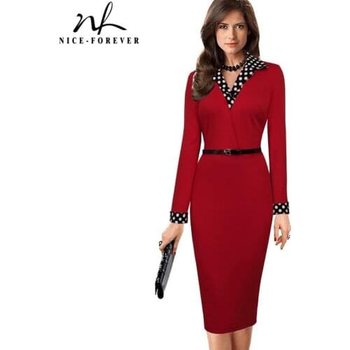 Nice-forever Winter Women Vintage Polka Dots Wear to Work Dresses Business Office Bodycon Sheath Fitted Dress btyb334