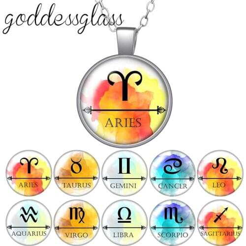 12 Constellation Elegant Zodiac Sign Fashion Round Glass glass cabochon silver plated/Crystal pendant necklace jewelry for Gift